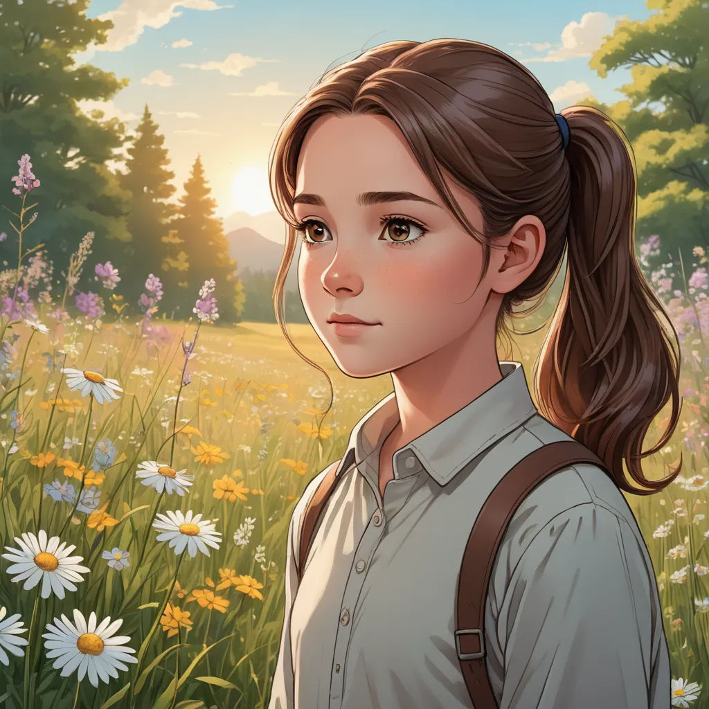 a girl standing in a field of flowers with a ponytail in her hair and a backpack on her shoulder, fantasy art, a character portrait, Clarice Beckett, official art