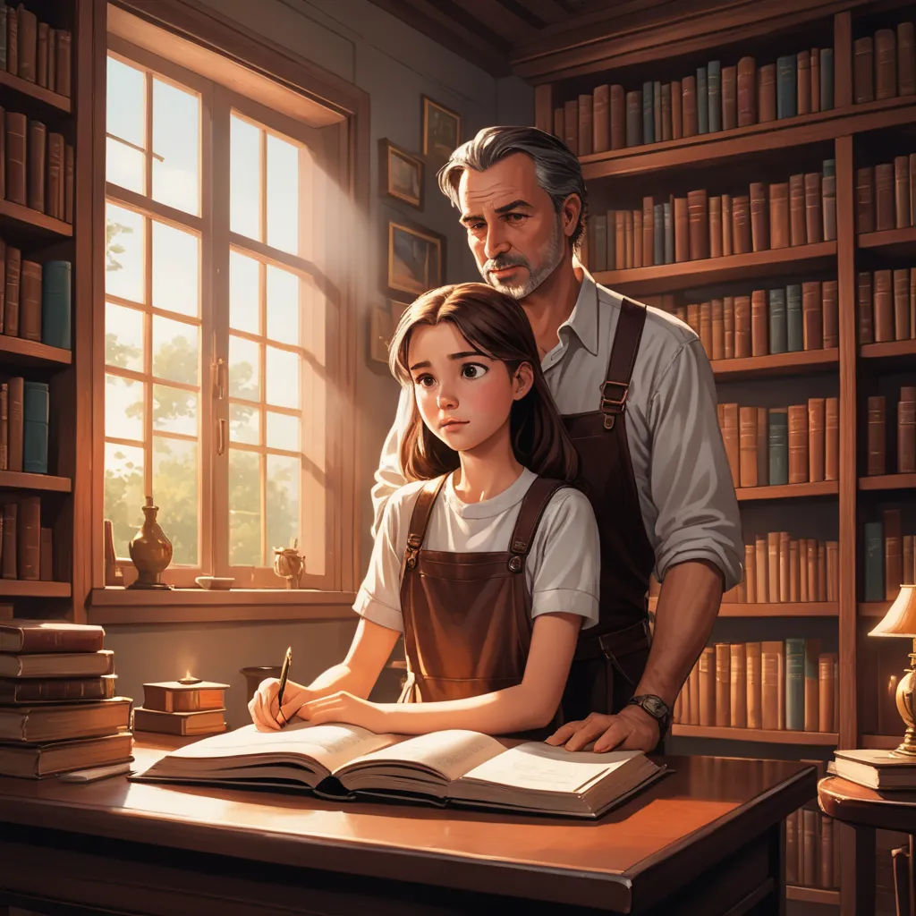a man and a girl are sitting at a desk in front of a bookcase and a window with books, academic art, a storybook illustration, Alejandro Burdisio, storybook illustration