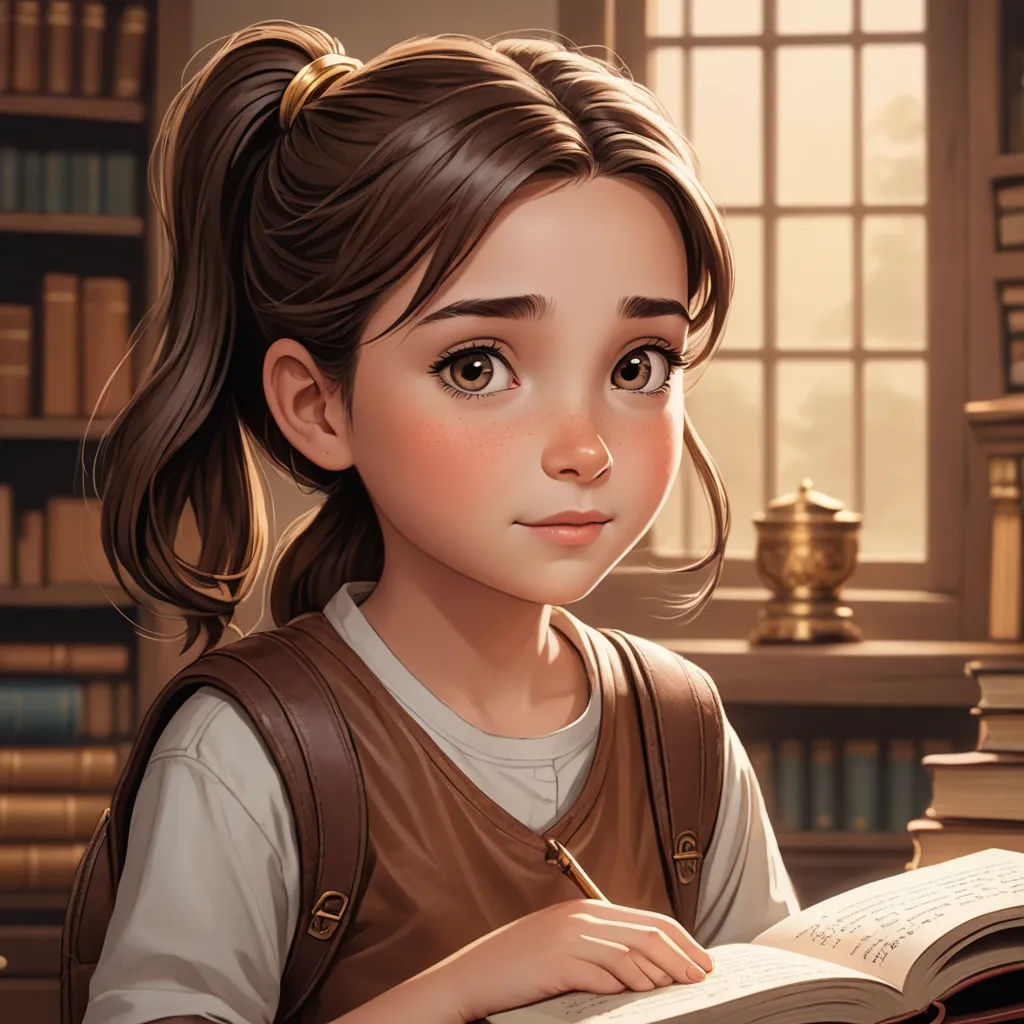 a girl is sitting at a desk with a book and a pen in her hand and a book in her hand, fantasy art, a storybook illustration, Charlie Bowater, trending on art station