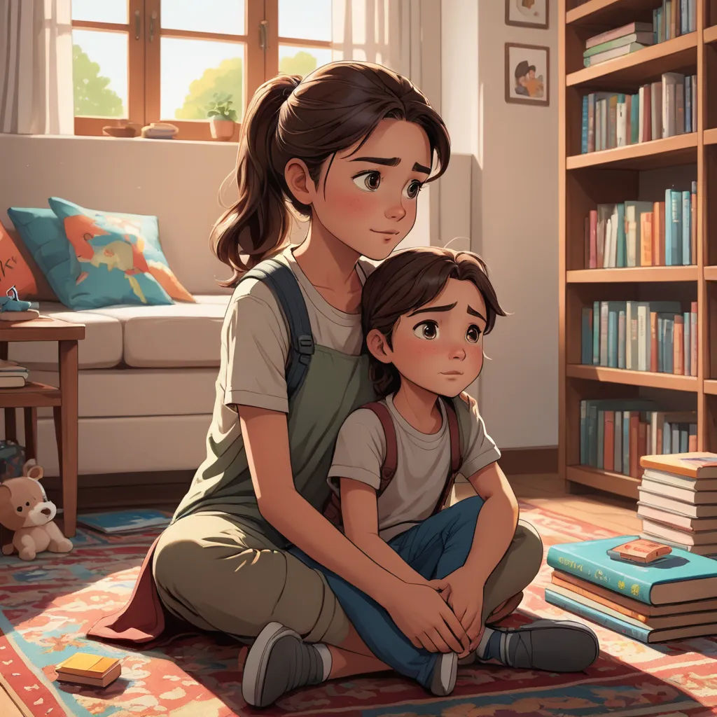 a woman and a child sitting on the floor in front of a book shelf with books on it and a teddy bear, sots art, a storybook illustration, Artgerm, art station