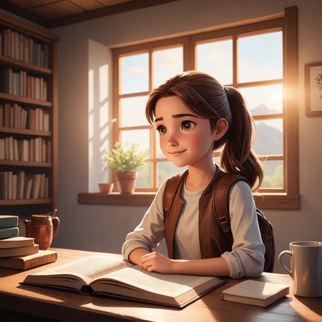 a girl sitting at a desk with a book and a cup of coffee in front of her, looking out the window, photorealism, a storybook illustration, Chris LaBrooy, rossdraws global illumination
