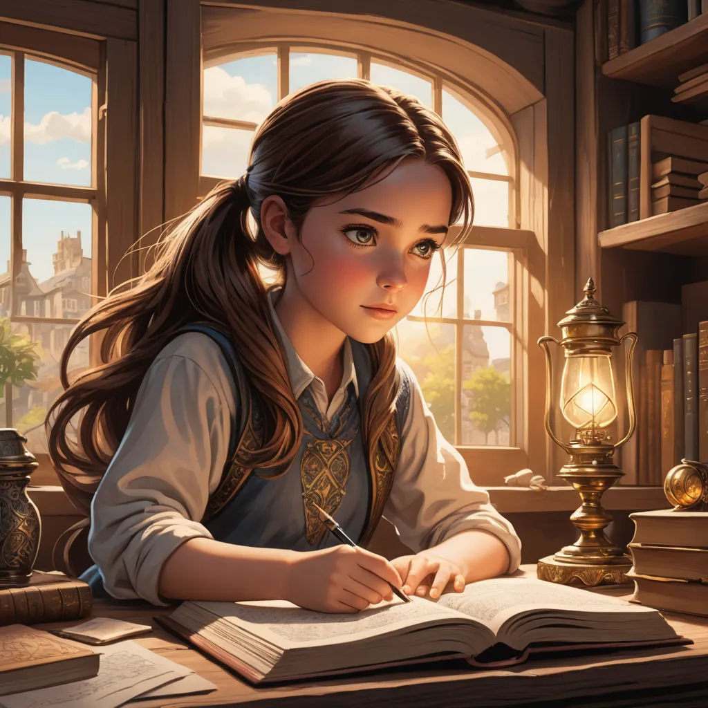 a girl sitting at a desk with a book and a lamp in front of her and a lamp on the desk, fantasy art, a storybook illustration, Artgerm, rossdraws global illumination