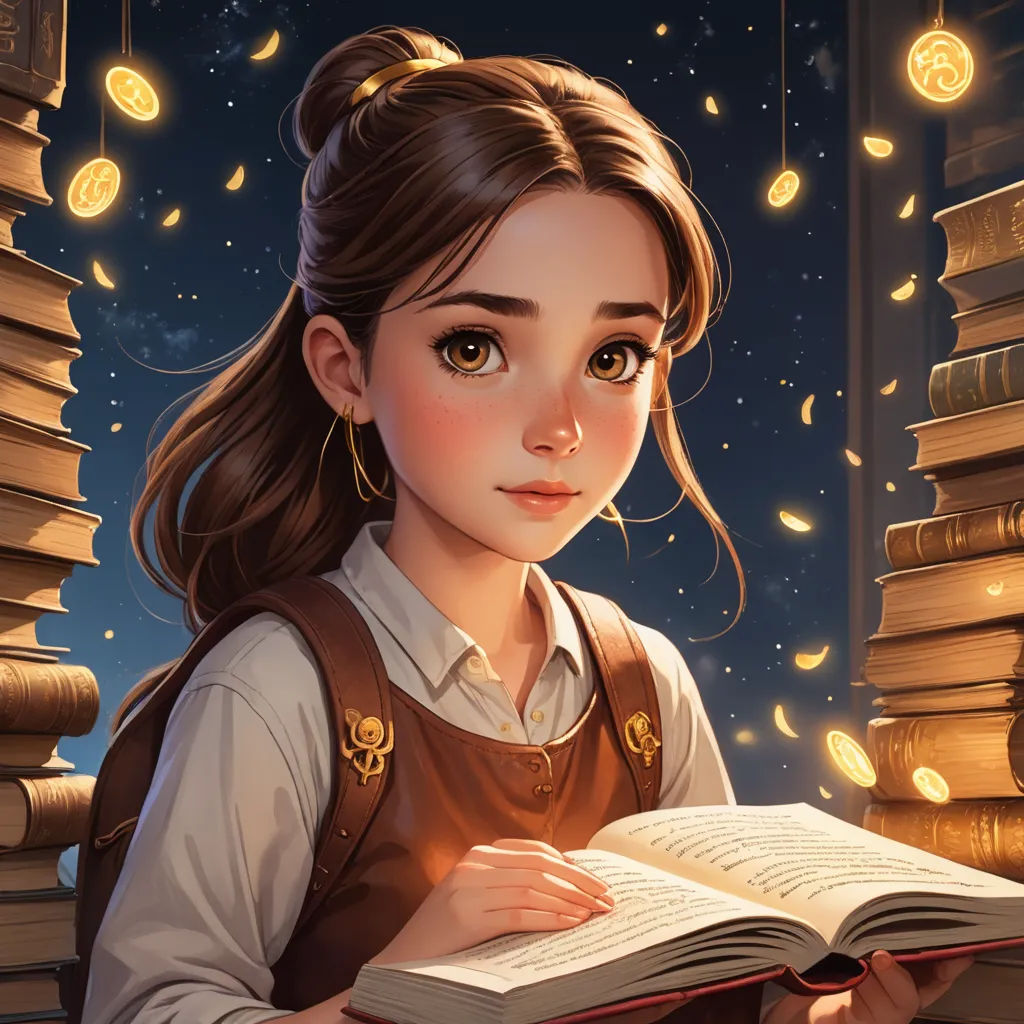a girl is reading a book in front of a window with a lot of books flying around her and a lot of gold coins, fantasy art, a storybook illustration, Artgerm, trending on art station