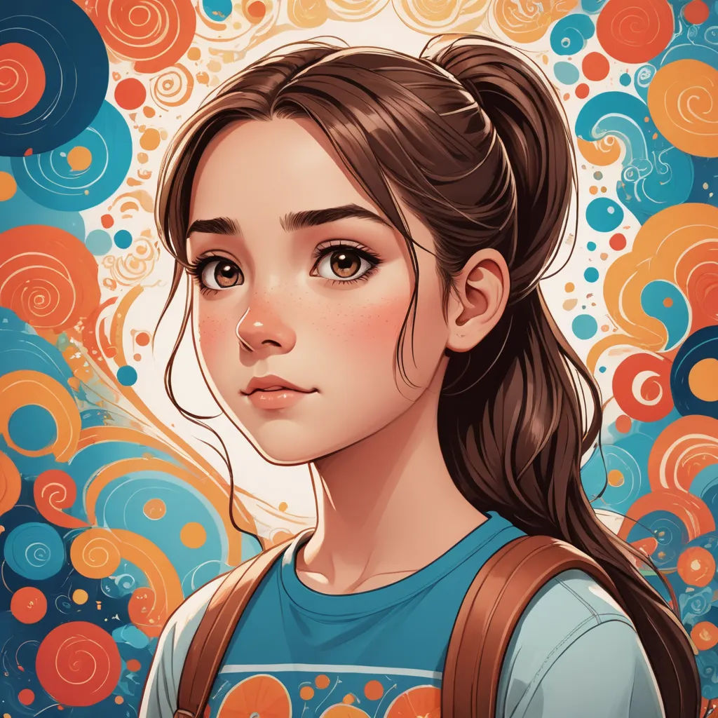 a girl with a ponytail and a blue shirt is looking at the camera with a colorful background behind her, space art, a character portrait, Artgerm, trending on art station