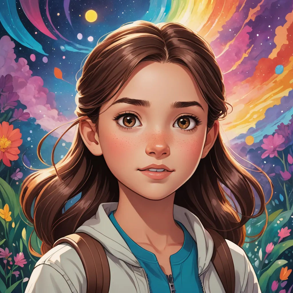 a girl with long hair and a backpack in front of a colorful background with flowers and stars, and a rainbow, space art, a character portrait, Artgerm, rossdraws global illumination