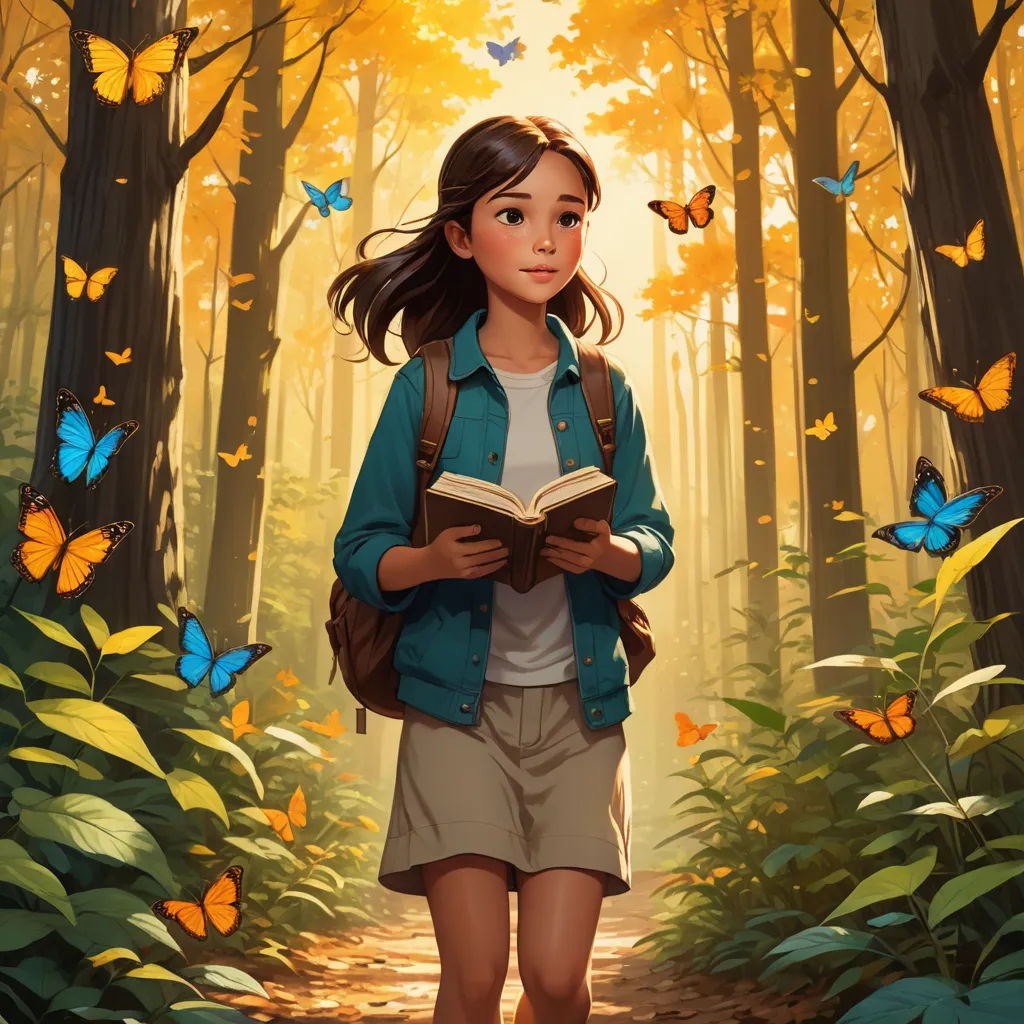 a girl is reading a book in the woods with butterflies around her and a butterfly - themed background is featured, magical realism, a storybook illustration, Aaron Jasinski, book cover