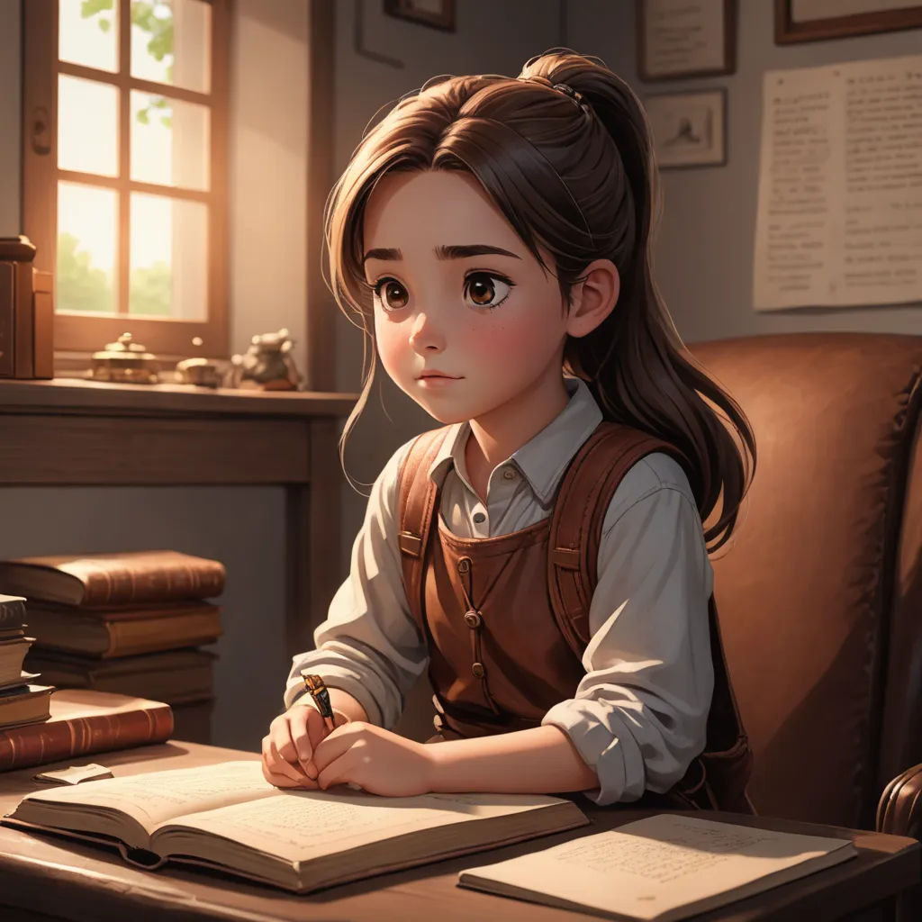 a girl sitting at a desk with a book and pen in her hand and a book on the desk, academic art, a storybook illustration, Artgerm, cgstudio