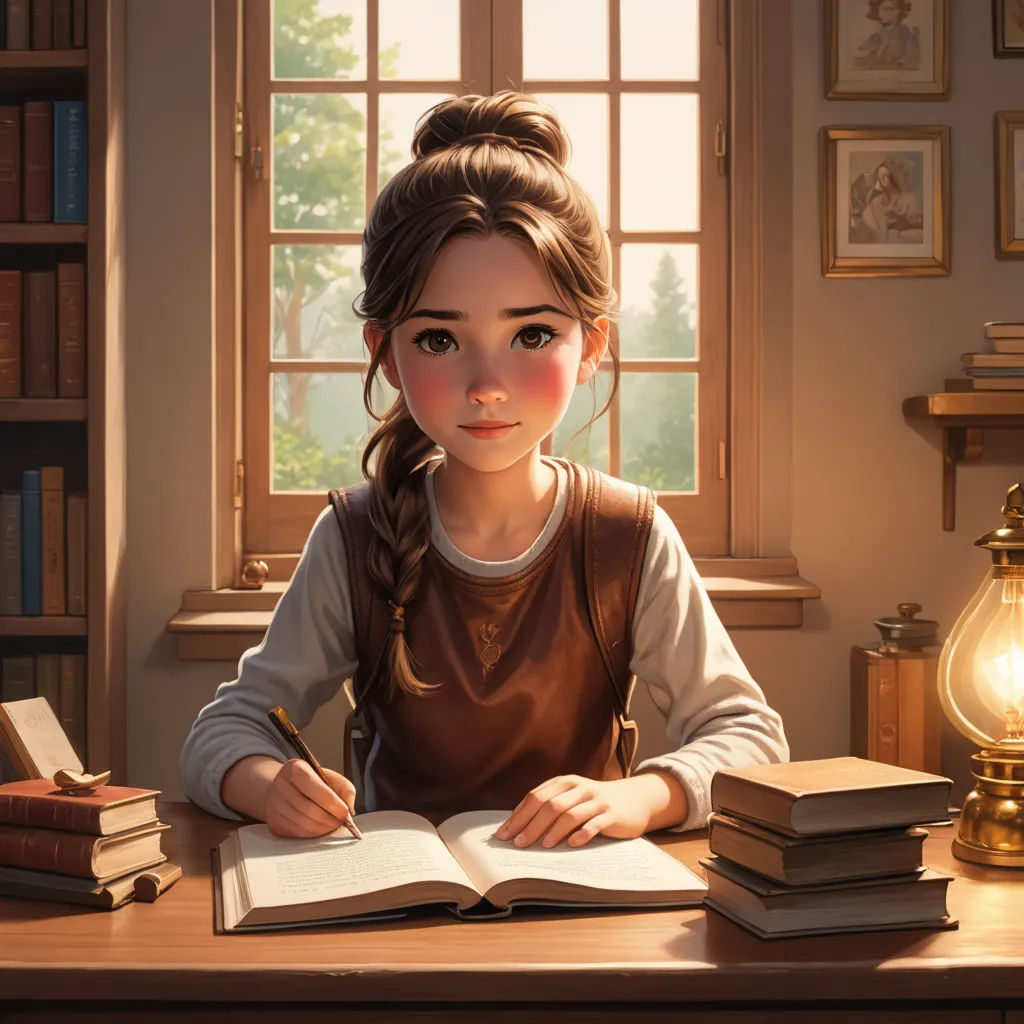 a girl sitting at a desk with a book and a lamp in front of her and a book on the desk, fantasy art, a storybook illustration, Artgerm, trending on art station