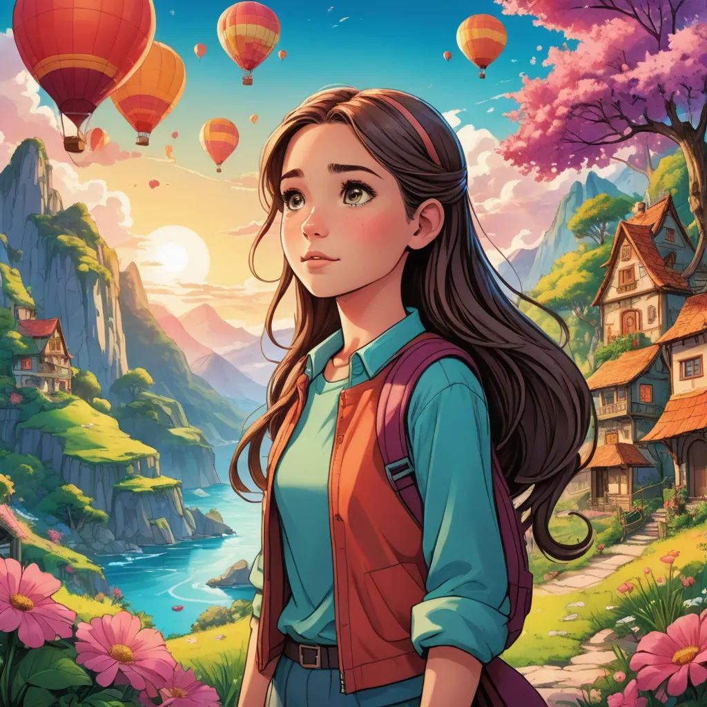 a girl standing in front of a mountain with hot air balloons flying above her and a river below her, fantasy art, a storybook illustration, Cliff Childs, rossdraws global illumination