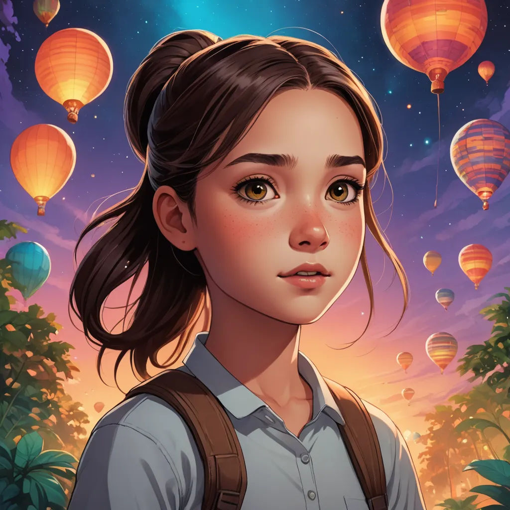 a girl with a ponytail and a backpack looking at the sky with lanterns floating above her and a forest below, fantasy art, a character portrait, Artgerm, rossdraws global illumination