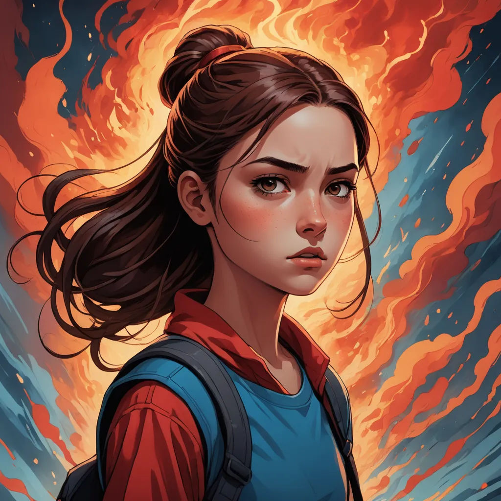 a girl with a ponytail and a blue shirt is looking at the camera with a red flame behind her, process art, poster art, Artgerm, comic cover art