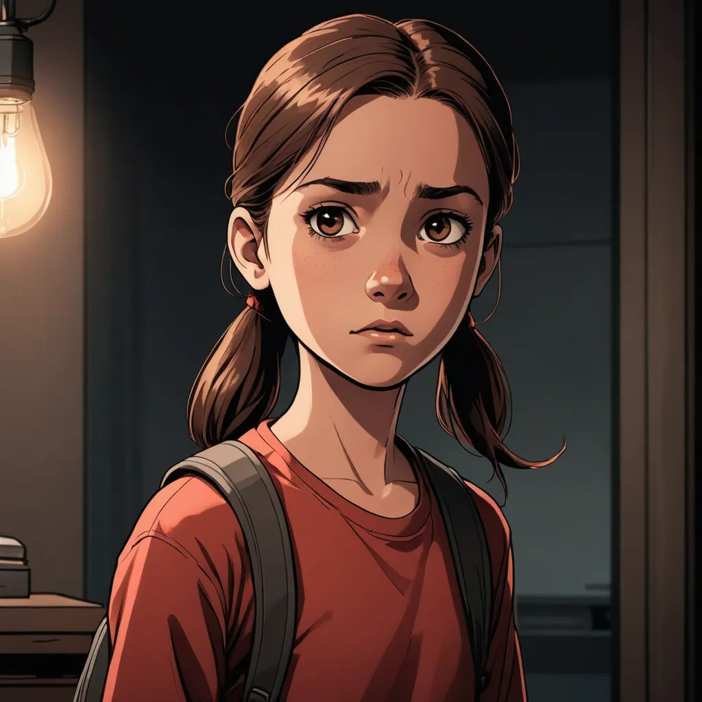 a girl with a backpack looking at the camera in a dark room with a light bulb above her head, sots art, a character portrait, Ada Gladys Killins, maya