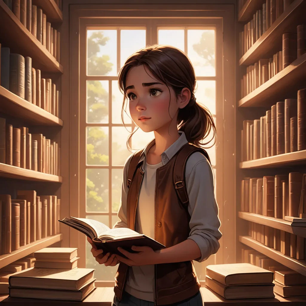 a girl is reading a book in a library with bookshelves in the background and a window in the middle, fantasy art, a storybook illustration, Clint Cearley, rossdraws global illumination