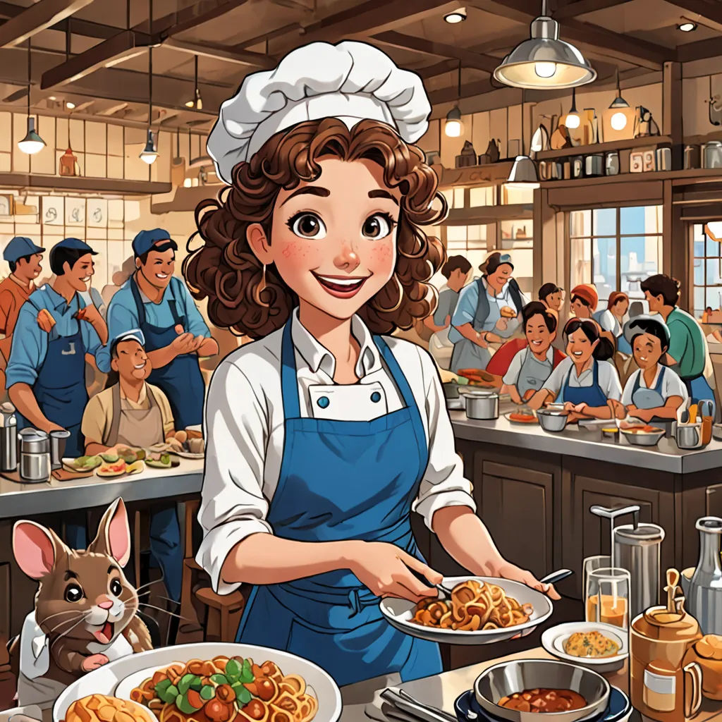 a woman in a kitchen holding a plate of food with a mouse nearby on the counter and people in the background, sots art, a character portrait, Bourgeois, kinkade