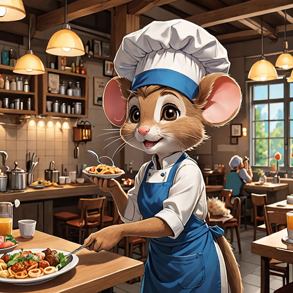 a mouse is holding a plate of food in a restaurant with a woman in the background and a man in the foreground, furry art, concept art, Chris LaBrooy, official art