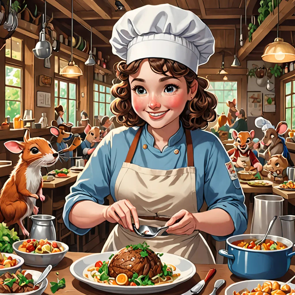 a woman in a chef's hat is serving food to a group of people in a restaurant with a mouse, furry art, a storybook illustration, Chris LaBrooy, official art