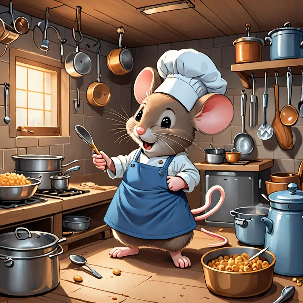 a mouse in a kitchen with a bowl of macaroni and cheese in front of him and a pan of macaroni and cheese in the background, sots art, a storybook illustration, Chris LaBrooy, storybook illustration