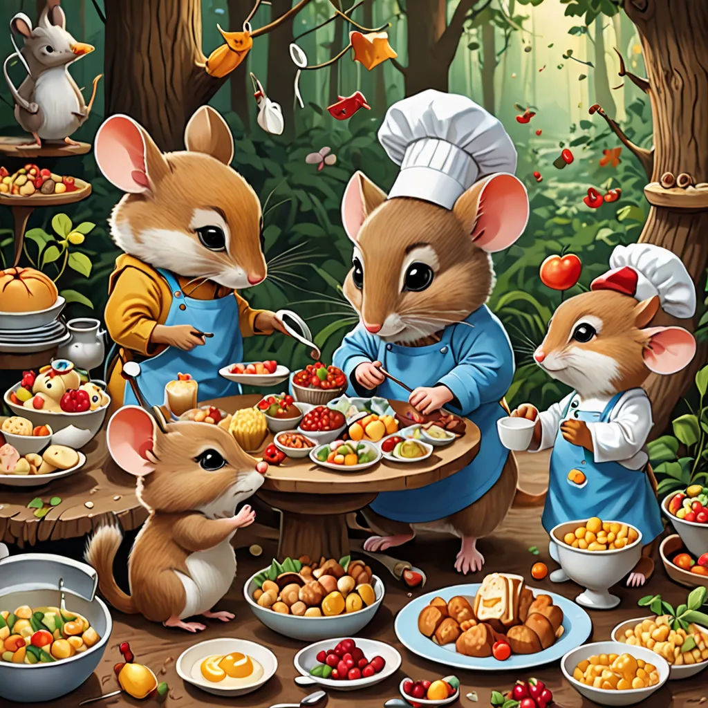 a painting of mice eating food at a table in the woods with other mice around them and a mouse, fantasy art, a storybook illustration, Chris LaBrooy, highly detailed digital painting