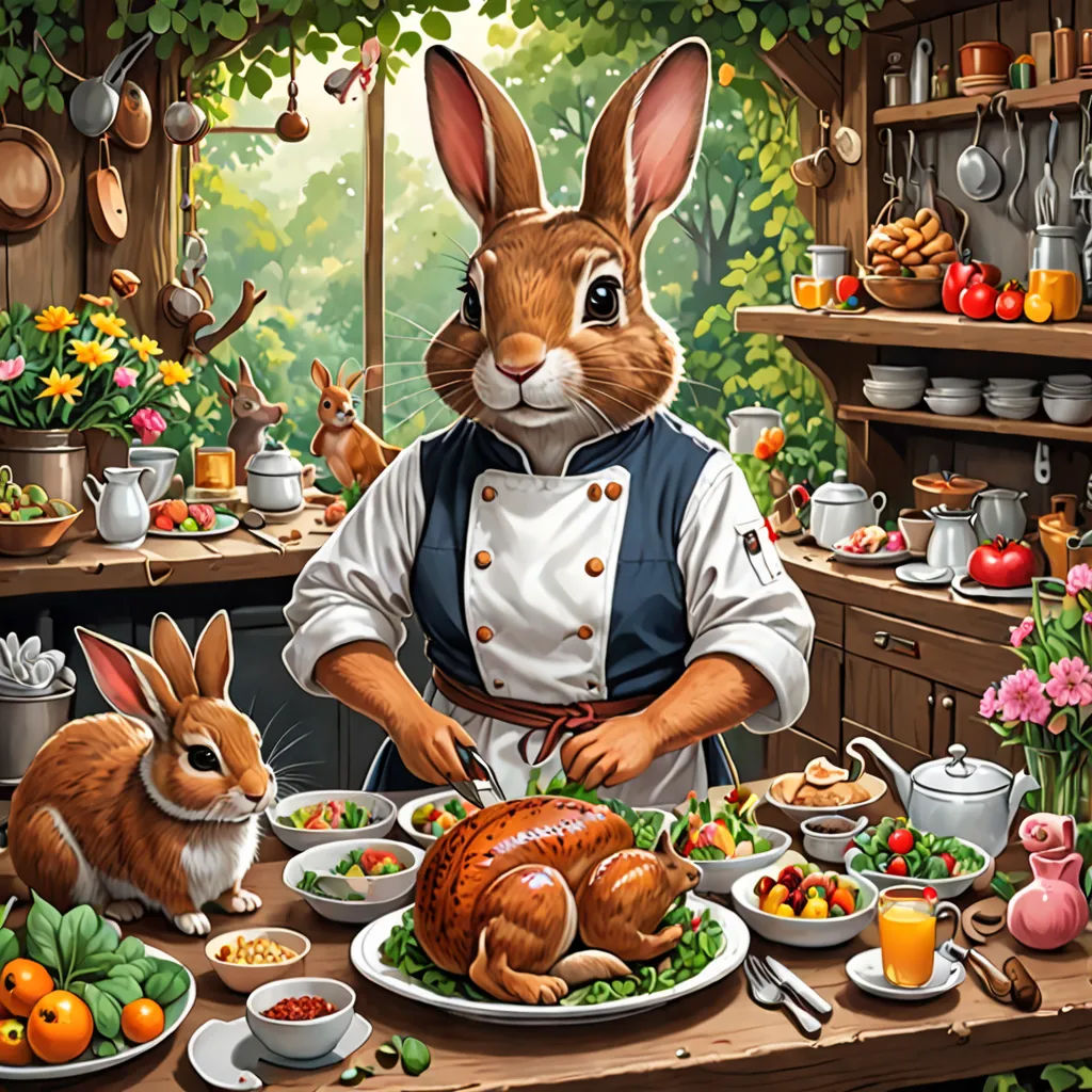 a painting of a rabbit in a kitchen with a turkey and other food items on the table and a person in the kitchen, magic realism, a storybook illustration, Chris LaBrooy, highly detailed digital painting