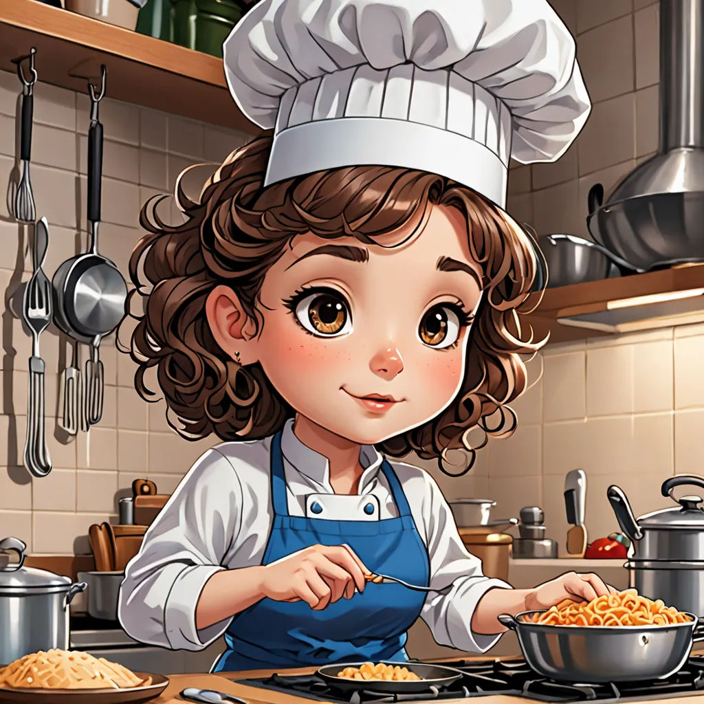 a cartoon of a girl cooking pasta in a kitchen with a pot and pan on the stove top and a pan of pasta in the foreground, sots art, a character portrait, Chen Lin, character art