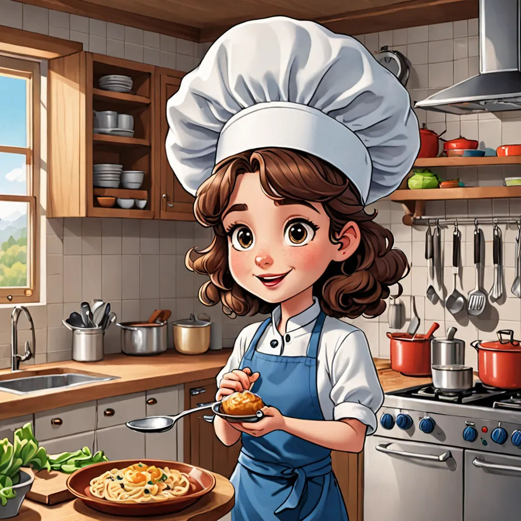 a cartoon girl in a kitchen holding a plate of food and a knife and fork in her hand and a pot of broccoli in the other hand, lyco art, a character portrait, Claire Falkenstein, game art