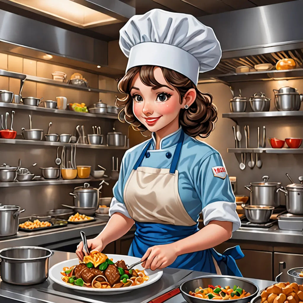 a woman in a chef's uniform is preparing food in a kitchen with pots and pans on the counter, sots art, a character portrait, Chen Hong, high detail illustration
