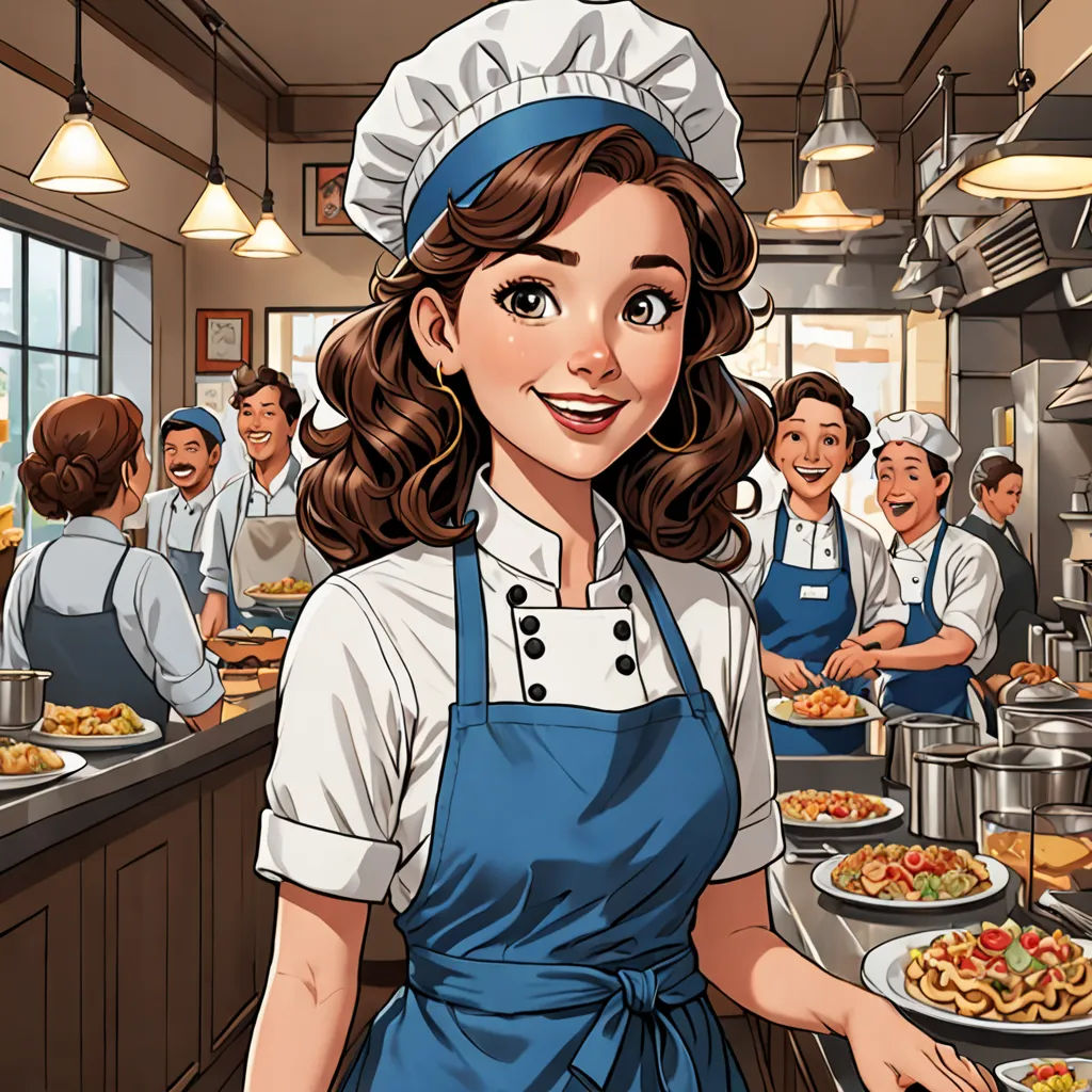 a woman in a blue apron is standing in a kitchen with a plate of food in front of her, remodernism, a character portrait, Dorothy Coke, kinkade
