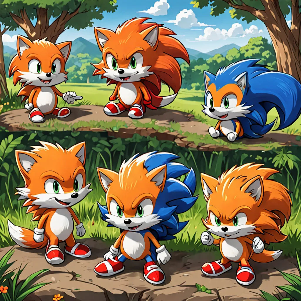 a group of cartoon foxes running across a forest floor in different poses and poses, with trees and bushes in the background, concept art, official art, sots art, Adam Rex