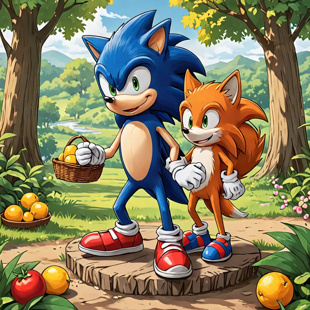 a cartoon of a cat and a fox walking in the woods with oranges and trees in the background, concept art, official art, sots art, Cliff Childs