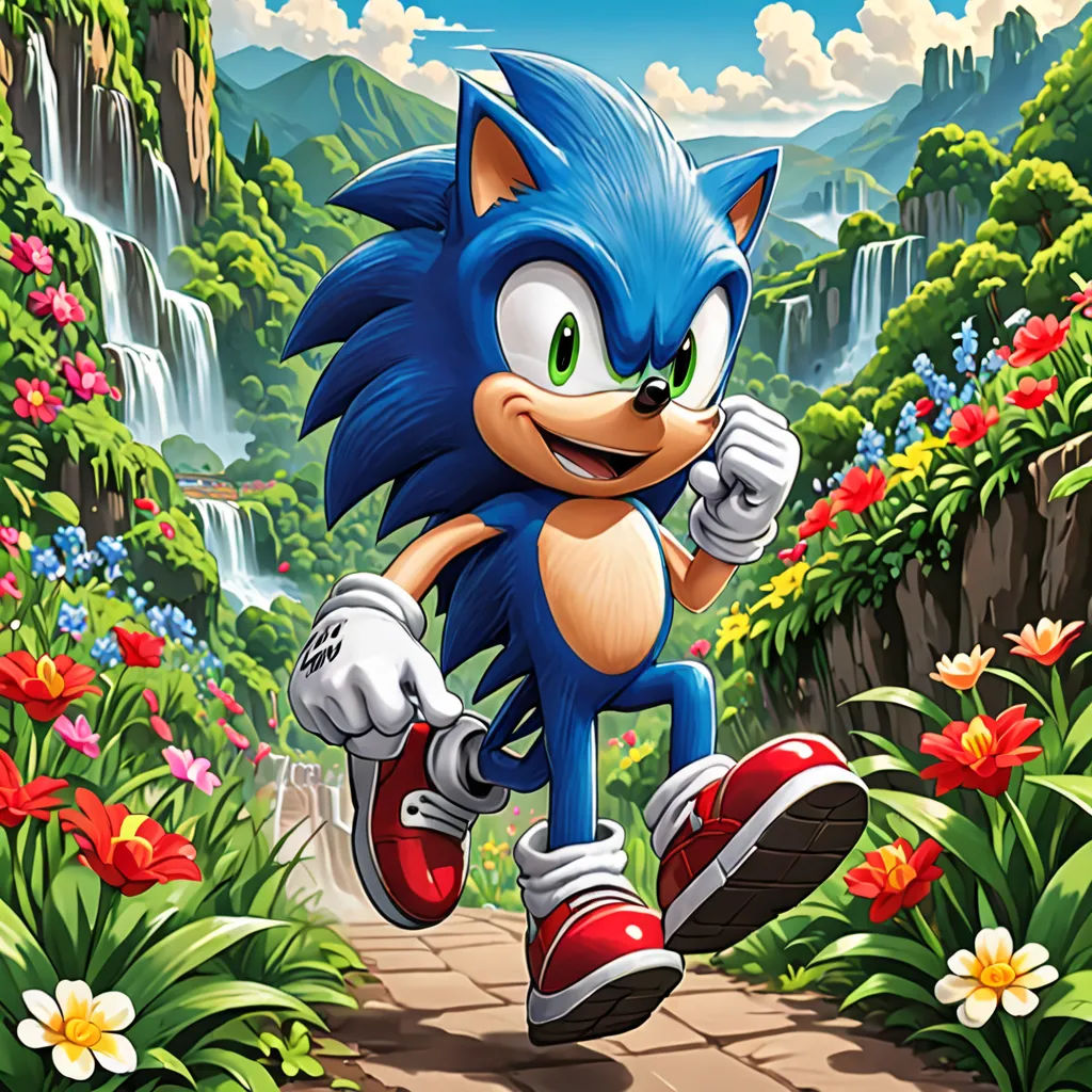 a cartoon character running through a forest with flowers and a waterfall in the background, with a blue hedge running, an album cover, official art, sots art, Chris LaBrooy