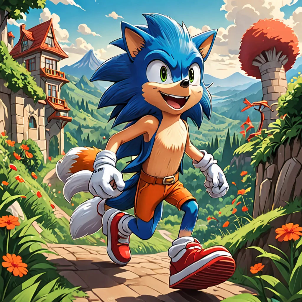 a cartoon character running through a forest with a castle in the background and a sky background with clouds and flowers, concept art, official art, sots art, Chris LaBrooy
