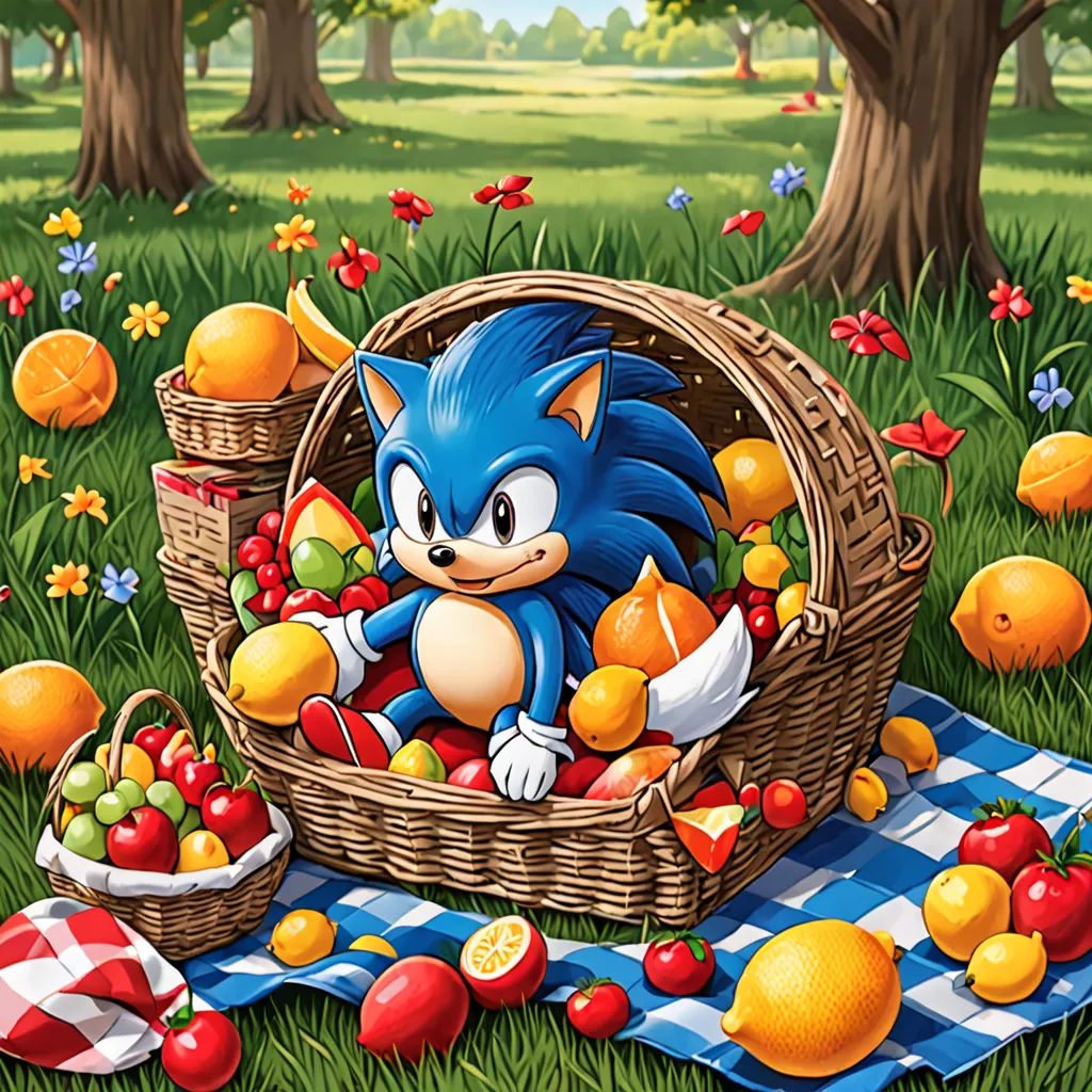 a cartoon of a sonic the hedge sitting in a basket of fruit in a park with trees and flowers, a fine art painting, official art, sots art, Chris LaBrooy