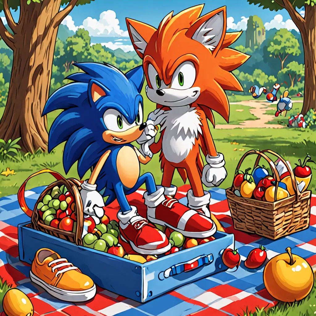 a cartoon of a couple of sonic and tails on a picnic blanket with apples and oranges in the background, a picture, official art, sots art, Andries Both
