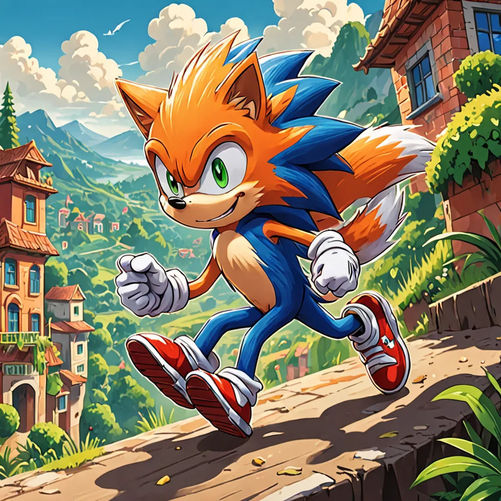 a cartoon of a cat running on a road with a city in the background and a mountain in the background, concept art, official art, sots art, Chris LaBrooy