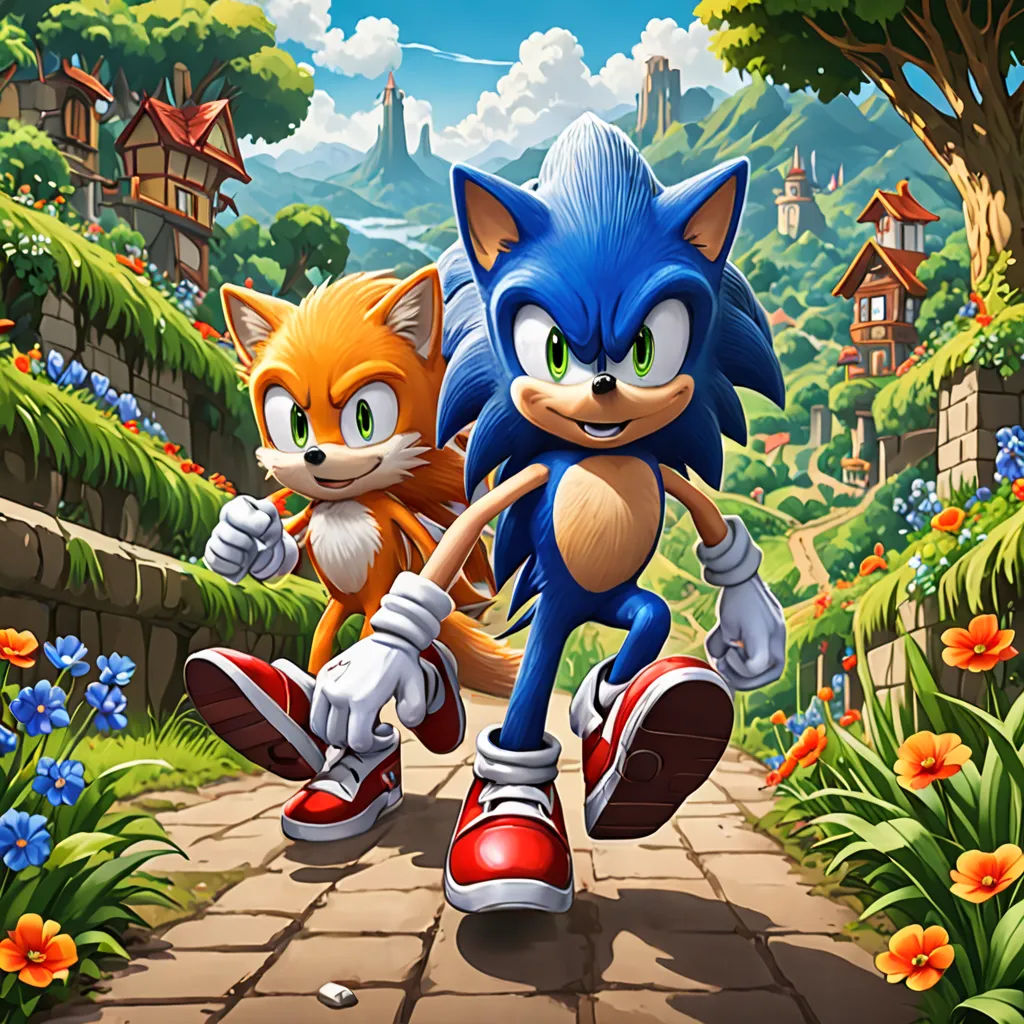 a cartoon of a cat and a cat running down a path in a park with flowers and trees on either side of the path, concept art, official art, sots art, Android Jones