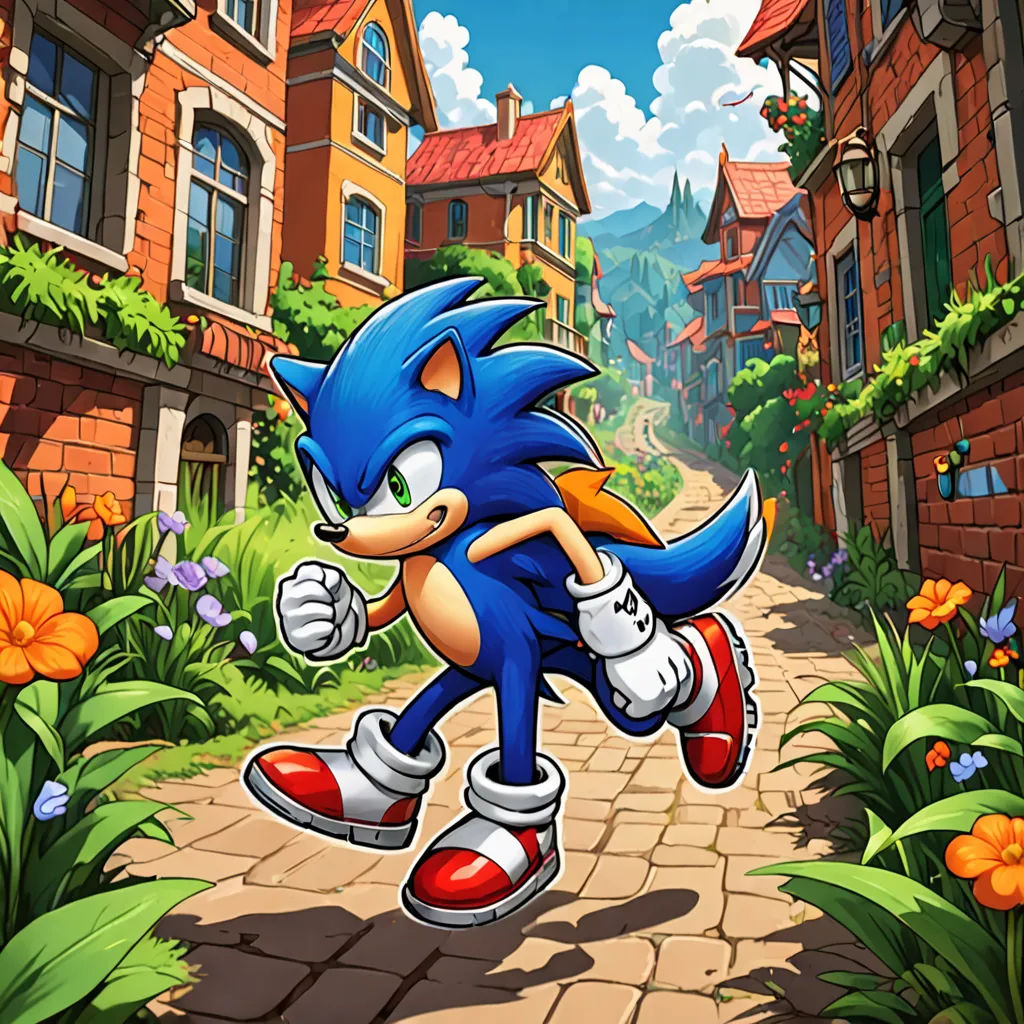 a cartoon character running down a street in a city with flowers and buildings in the background, with a hedge running in the foreground, concept art, official art, sots art, Altoon Sultan
