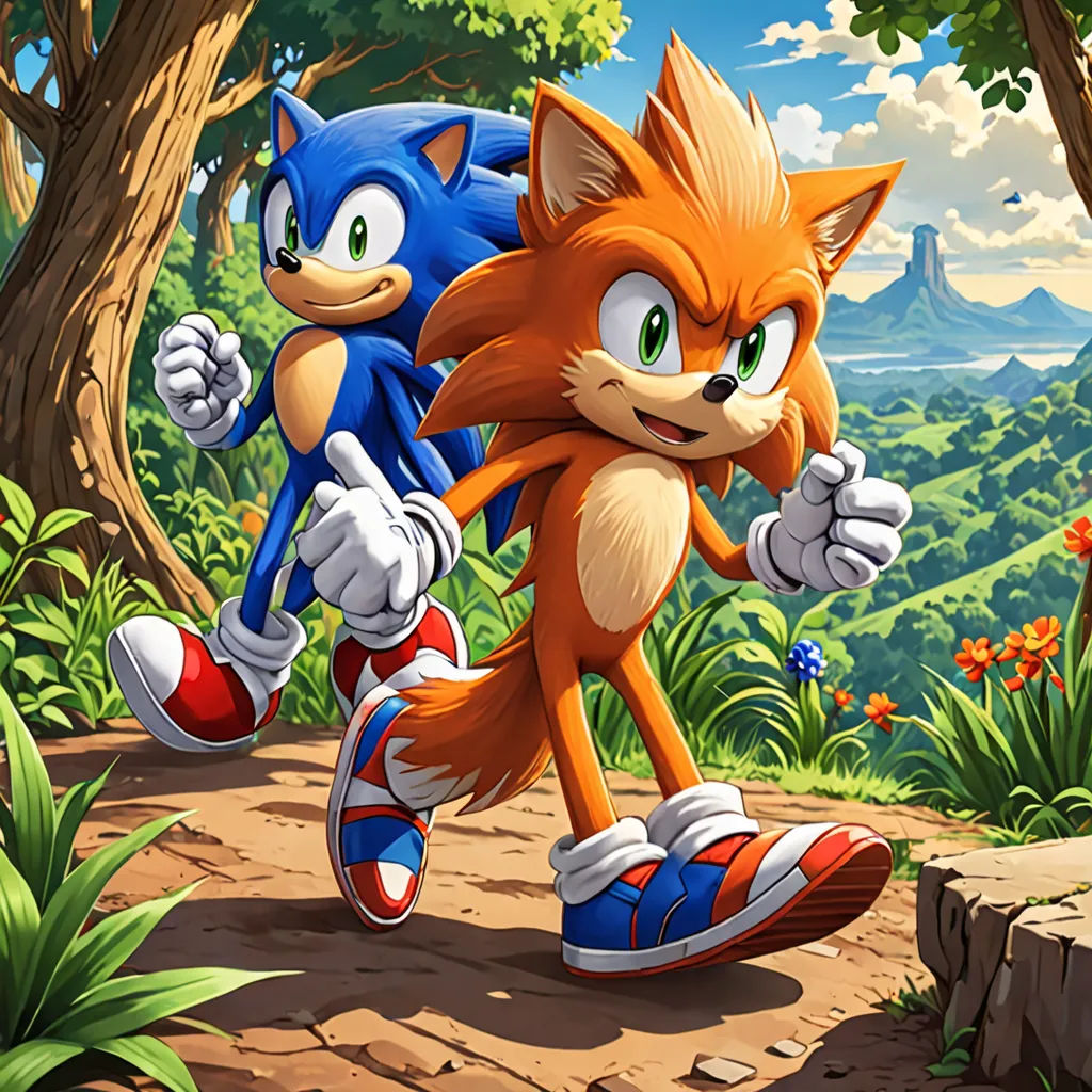 a cartoon of two sonic and tails running through a forest with a mountain in the background and a blue sky, concept art, official art, sots art, Chris LaBrooy