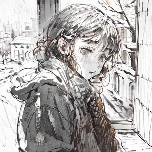 a drawing of a person sitting on a bench in a city street with a cityscape in the background