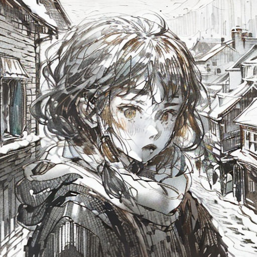 a drawing of a woman in a snowy town with a scarf around her neck and a scarf around her neck
