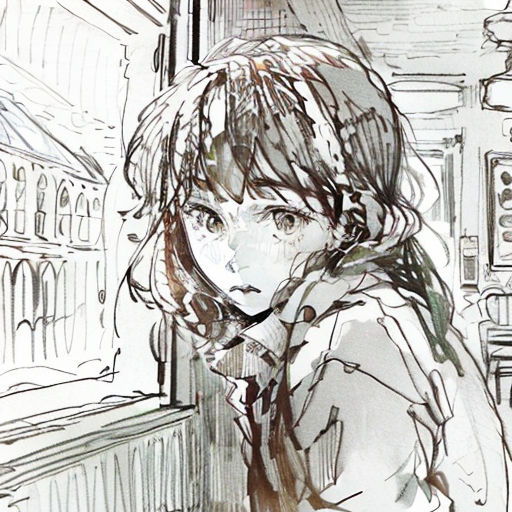 a drawing of a girl looking out a window at a building with a clock on it's side