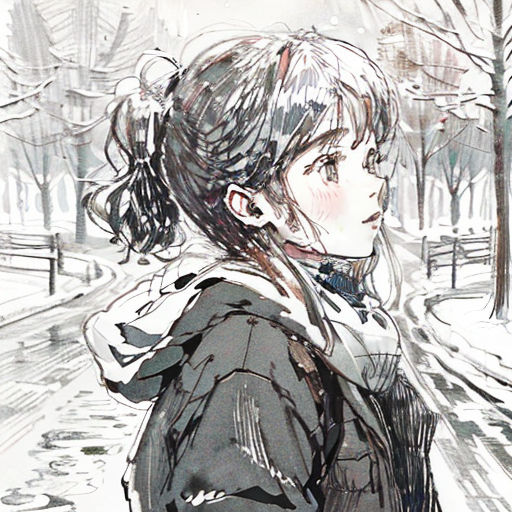 a drawing of a woman walking down a street in the snow with a coat on and a scarf around her neck