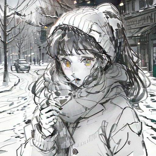 a drawing of a woman walking down a street in the snow with a hood on and a coat over her head