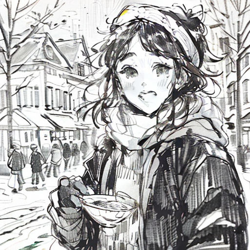 a drawing of a woman holding a drink in her hand and looking at the camera with a snowy street in the background