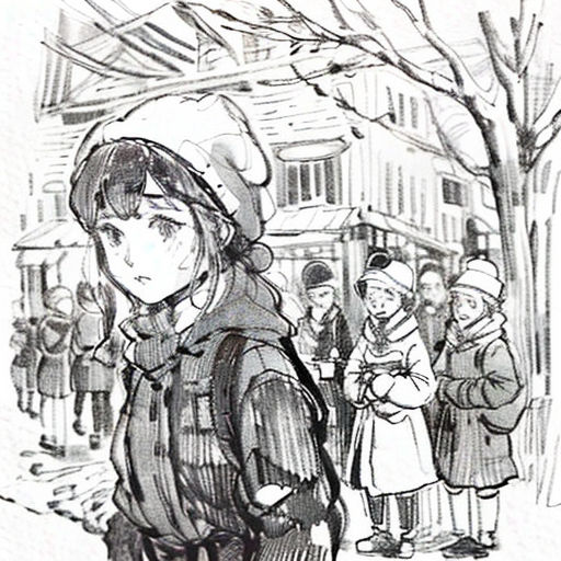 a drawing of a woman standing in front of a tree with people standing around her and a man standing behind her