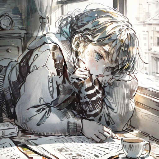 a drawing of a child laying on a window sill with a cup of coffee in front of them