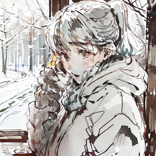 a drawing of a woman talking on a cell phone in the snow, with a snowy street behind her