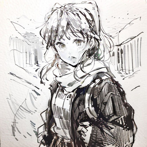a drawing of a woman with a scarf around her neck and a jacket over her shoulders, standing in front of a building