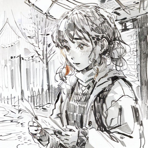 a drawing of a girl looking at her cell phone in a city street with a building in the background