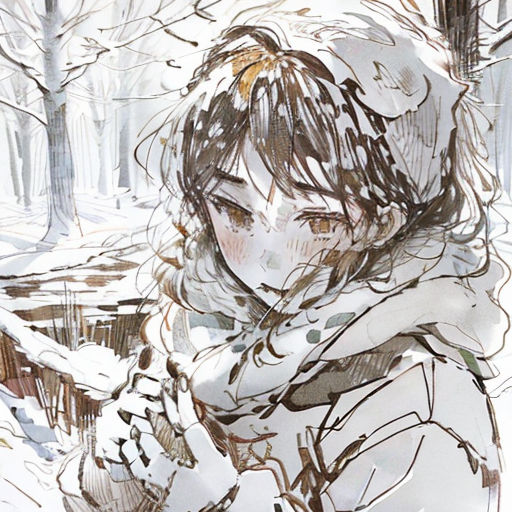a drawing of a woman in the snow with a cell phone in her hand and a tree in the background
