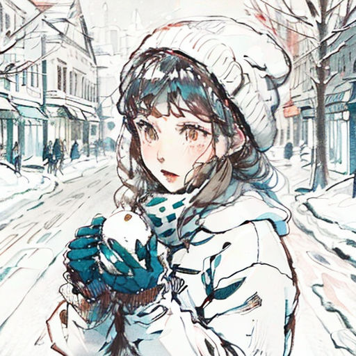 a woman in a winter coat holding a snowball in the snow on a snowy street with buildings and trees